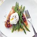 Asparagus salad with poached eggs and tapenade toasts