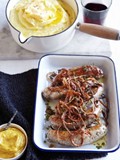 Bangers and mash with crisp onion and hot English mustard