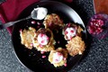 Cauliflower-feta fritters with smoky yogurt, pomegranate