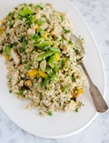 Fried brown rice with asparagus, bell pepper & cashews