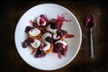 Grilled apricots with Greek yogurt and blueberry-blackberry mash