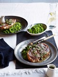 Grilled Barnsley chops with crushed peas and mint sauce