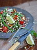 Mixed quinoa and sprout salad with haloumi