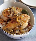 Orange chicken nested in pecan pilaf