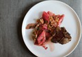 Pan-seared lamb chops with rhurbarb agrodolce with raisins, parsley & walnuts