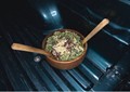 Pasta with mustard-greens pesto, shiitake mushrooms, and smoked mozzarella