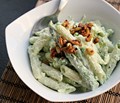 Pasta with yogurt, peas, and chile