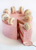 Pink & white layered sprinkle cake with macarons