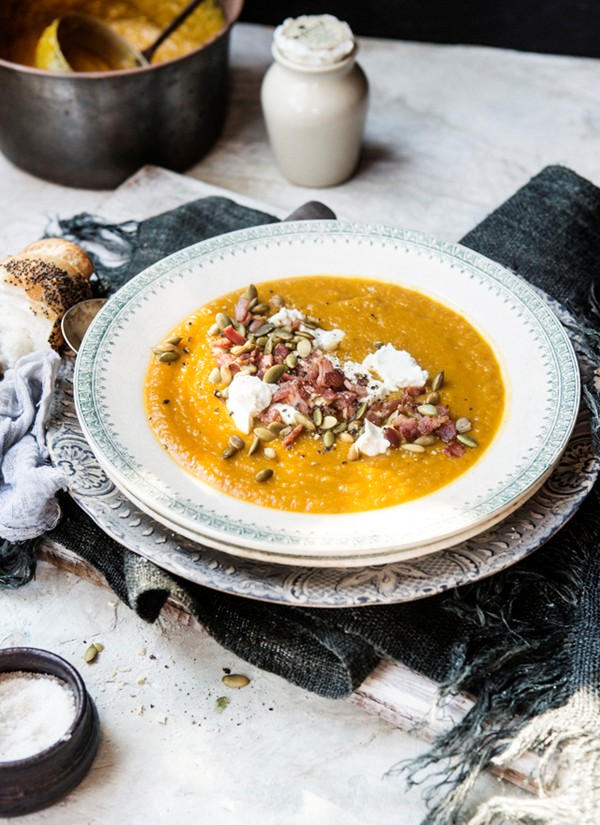 Roasted pumpkin & apple soup with goat's cheese and bacon recipe | Eat ...