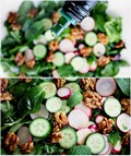 Salad in the round with buttered agave walnuts