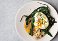 Seared scallions with poached eggs