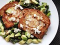 Skillet egg-in-a-hole with avocado, asparagus, and feta