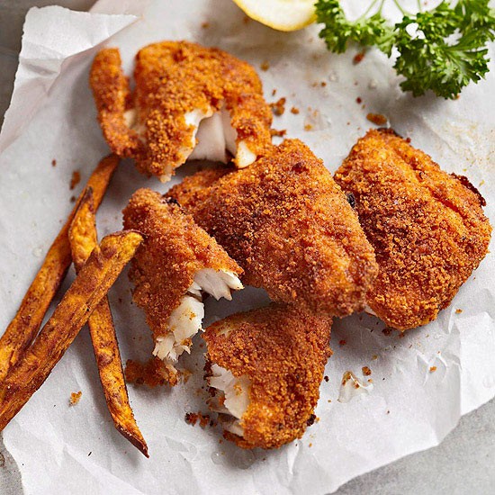 Spicy ovenbaked fish and sweet potato chips recipe Eat Your Books